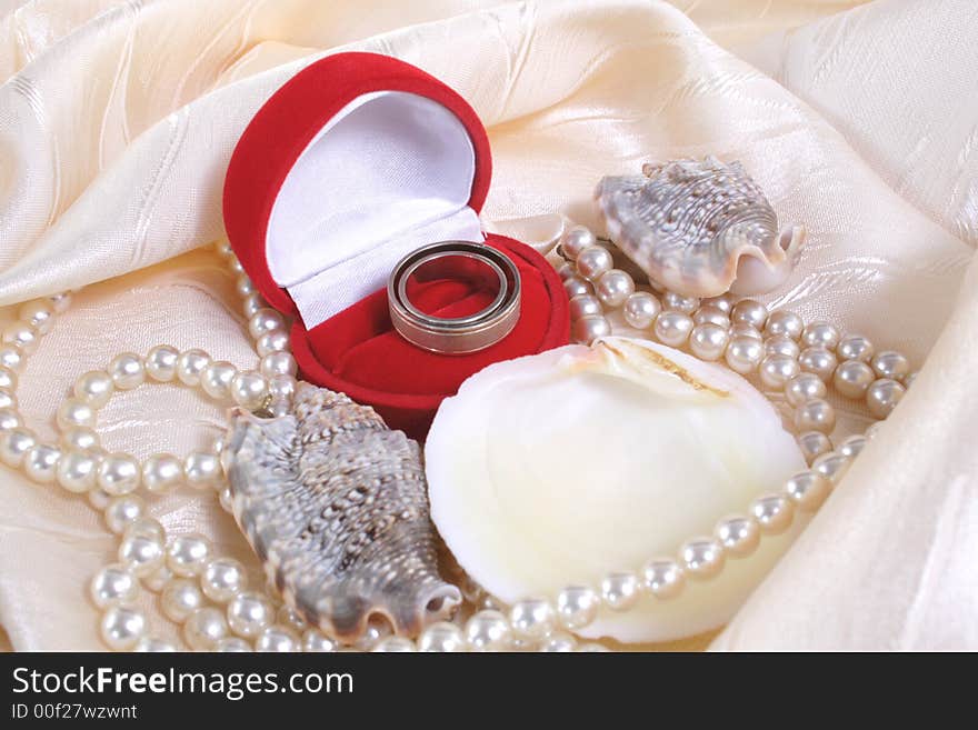 Wedding rings and string pearls and shells