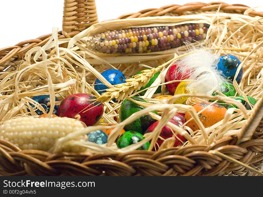 Easter eggs in straw nest in basket