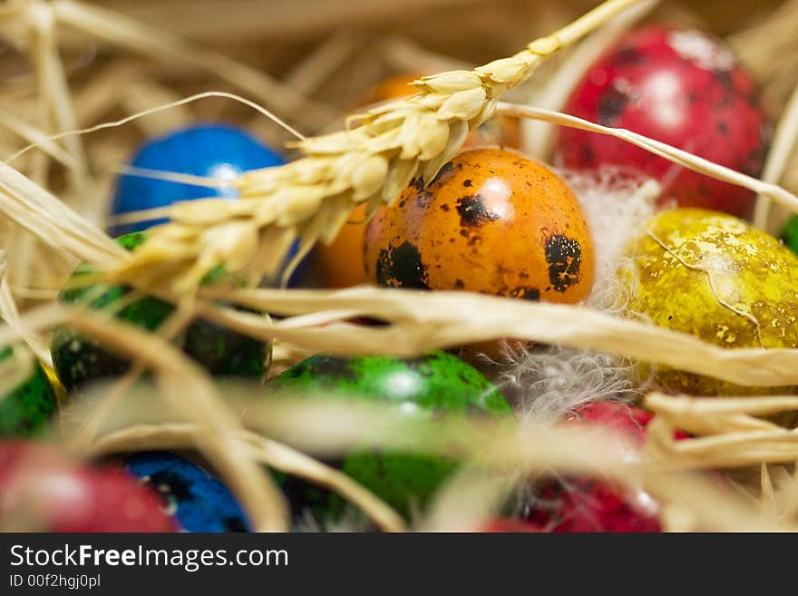 Easter eggs in straw nest. Easter eggs in straw nest