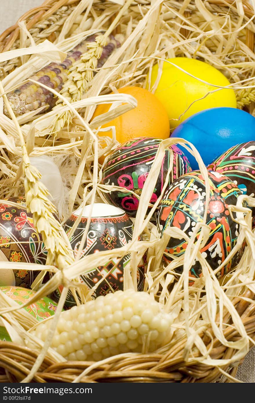 Easter eggs in straw nest in basket