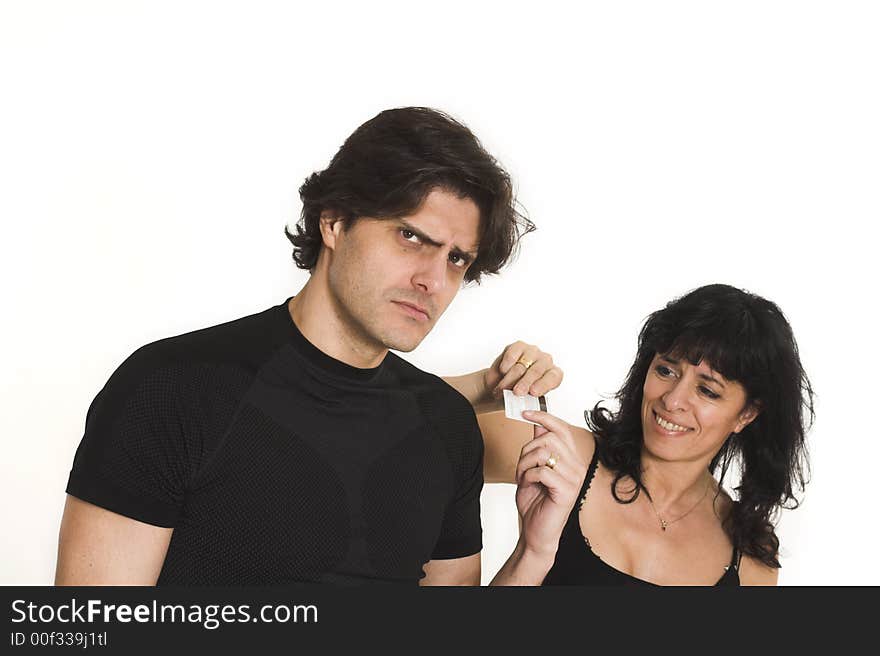 Woman taking money from man over white background. Woman taking money from man over white background