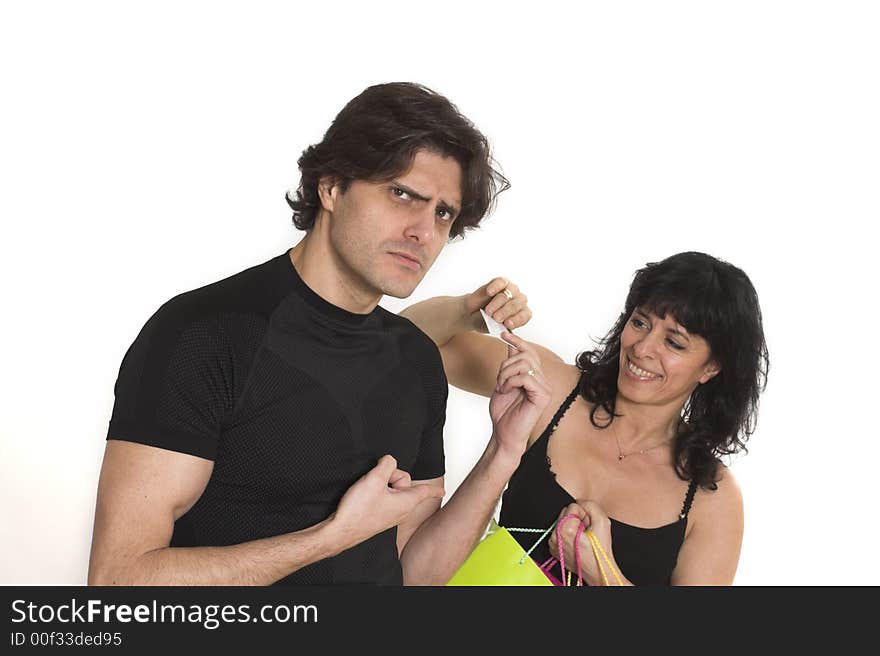 Woman taking money from man over white background. Woman taking money from man over white background