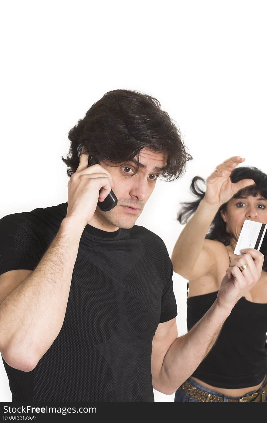 Woman taking money from man over white background. Woman taking money from man over white background