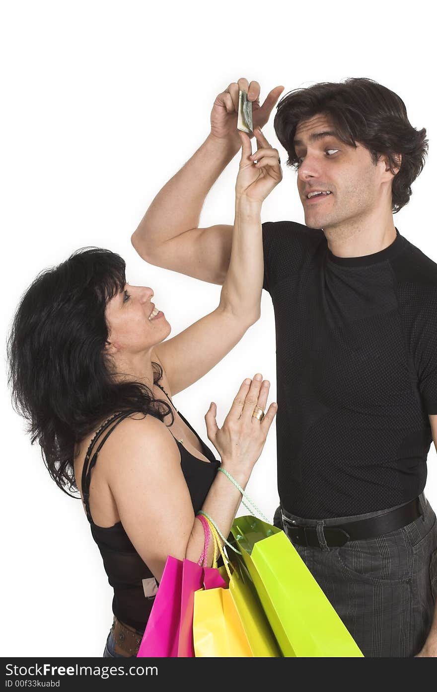 Woman taking money from man over white background. Woman taking money from man over white background