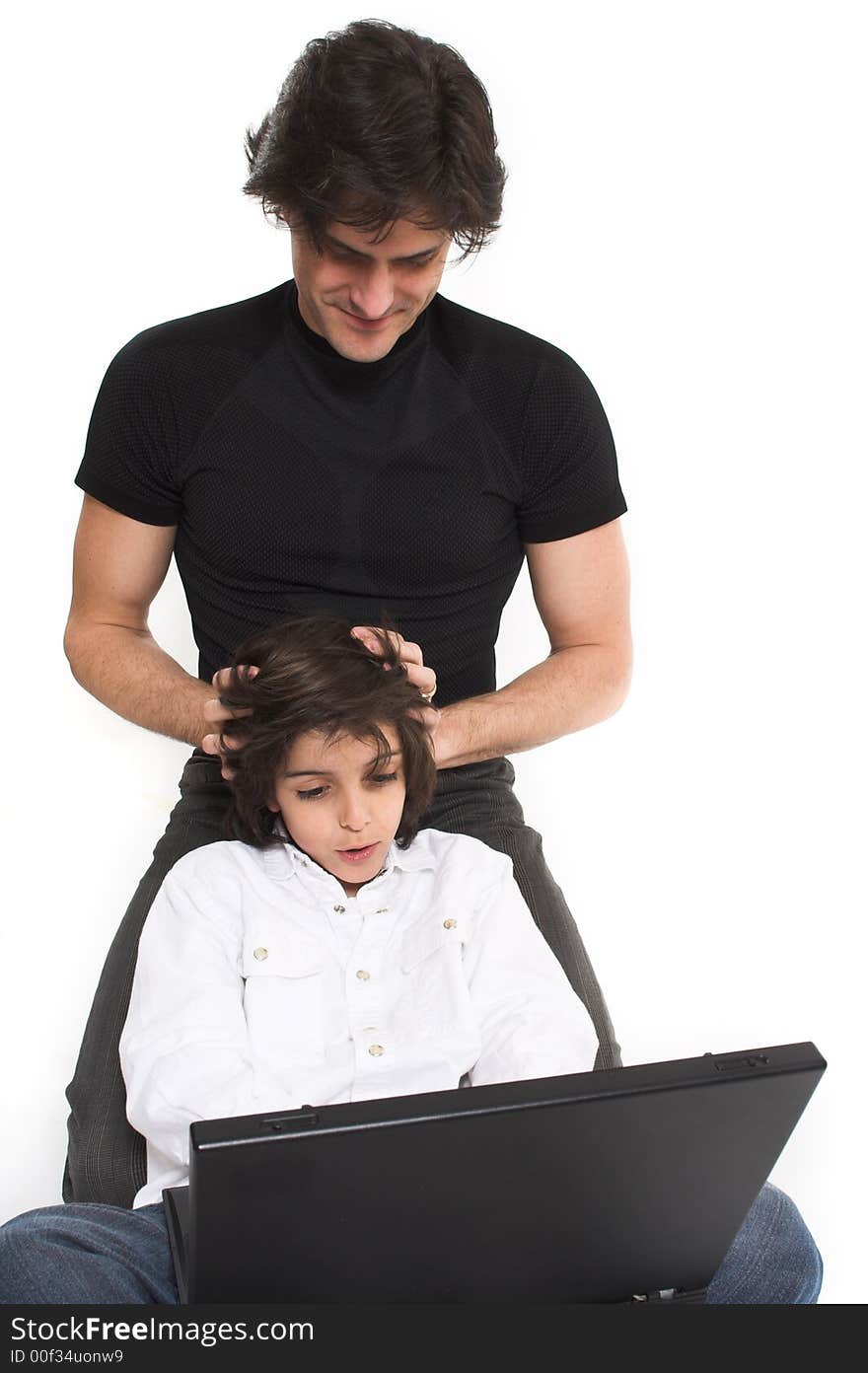 Father and son together over white background