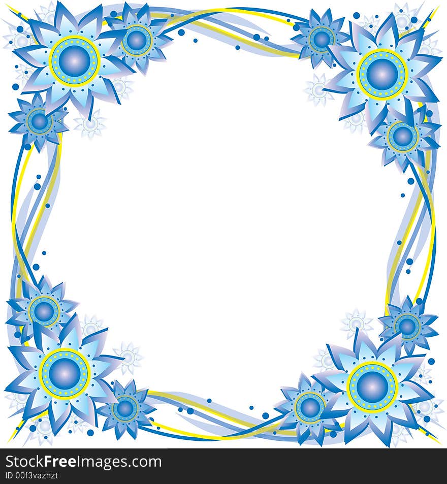 An illustrated frame featuring blue and yellow flowers and curves. An illustrated frame featuring blue and yellow flowers and curves