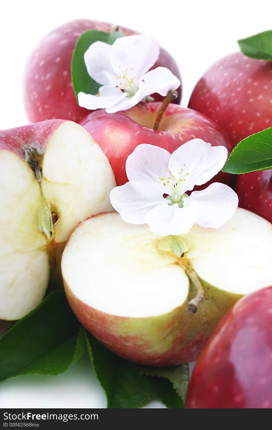 Red apples  and white flower on a white background.