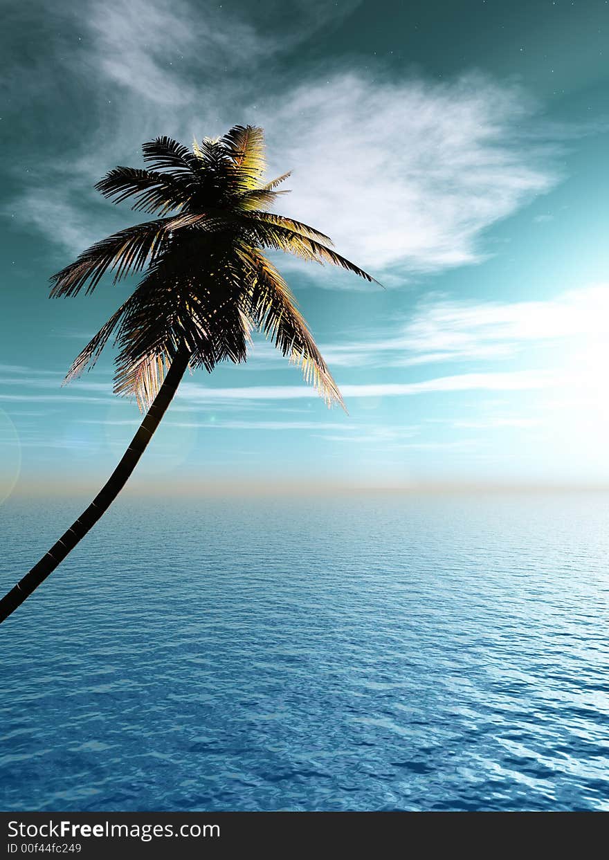 Coconut palm and sunset sky with clouds - 3D scene.