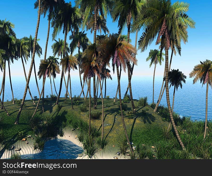 Ocean lagoon with coconut palm trees - 3d illustration. Ocean lagoon with coconut palm trees - 3d illustration.