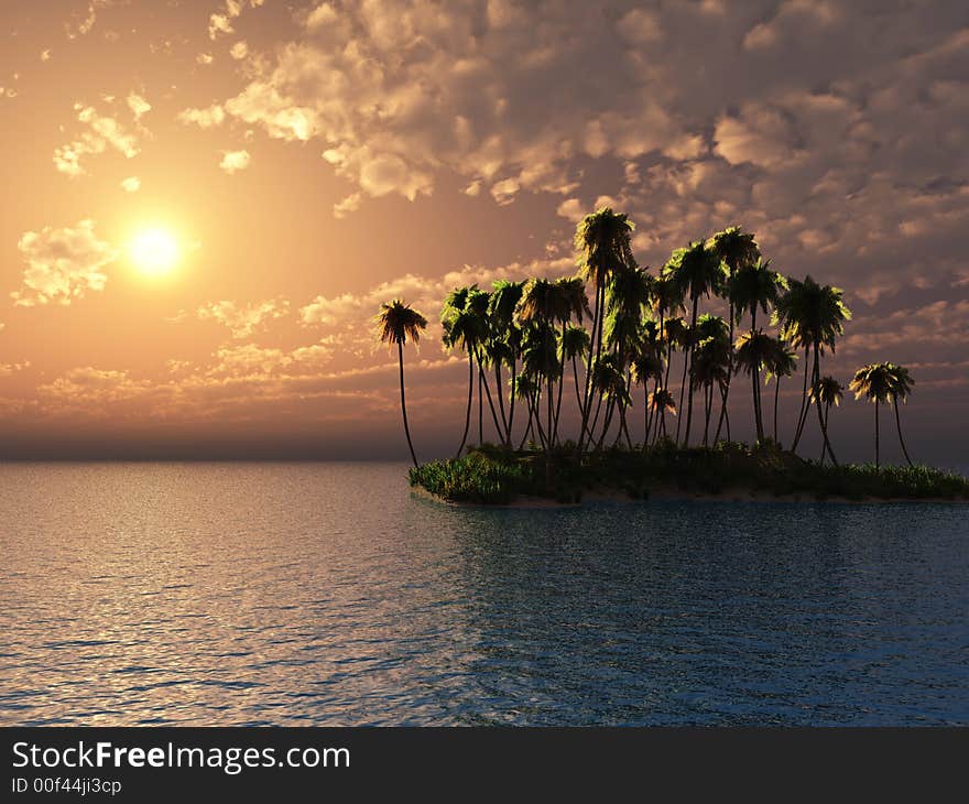 Sunset coconut palm trees on small island - 3d illustration.