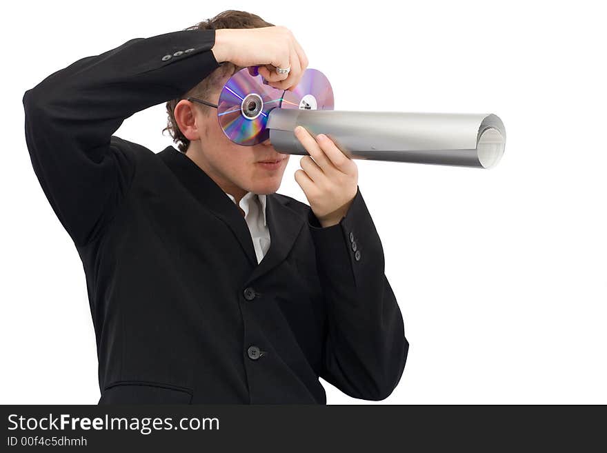 Man in the black jacket with cds and paper-nose