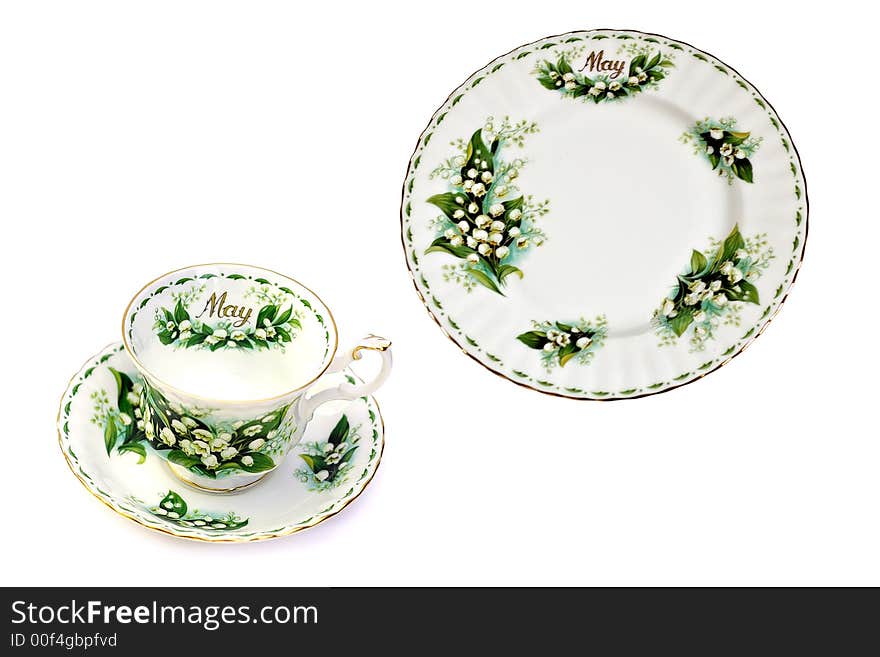 China plate, teacup and saucer - month of May - lilly of the valley. China plate, teacup and saucer - month of May - lilly of the valley.