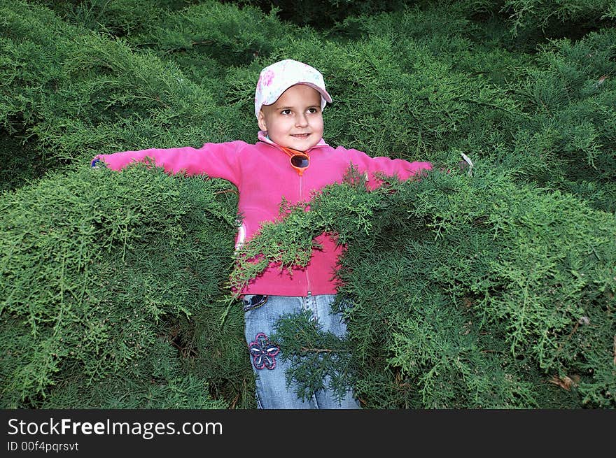 Little girl in green bushes. Little girl in green bushes