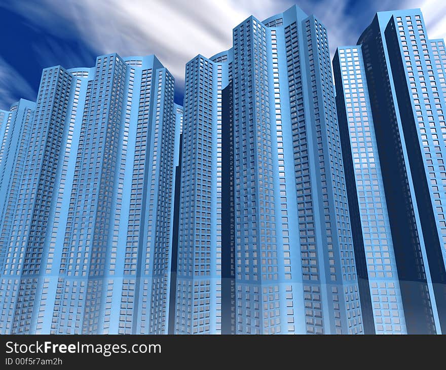 Skyscrapers of city with reflections on a background cloudy sky