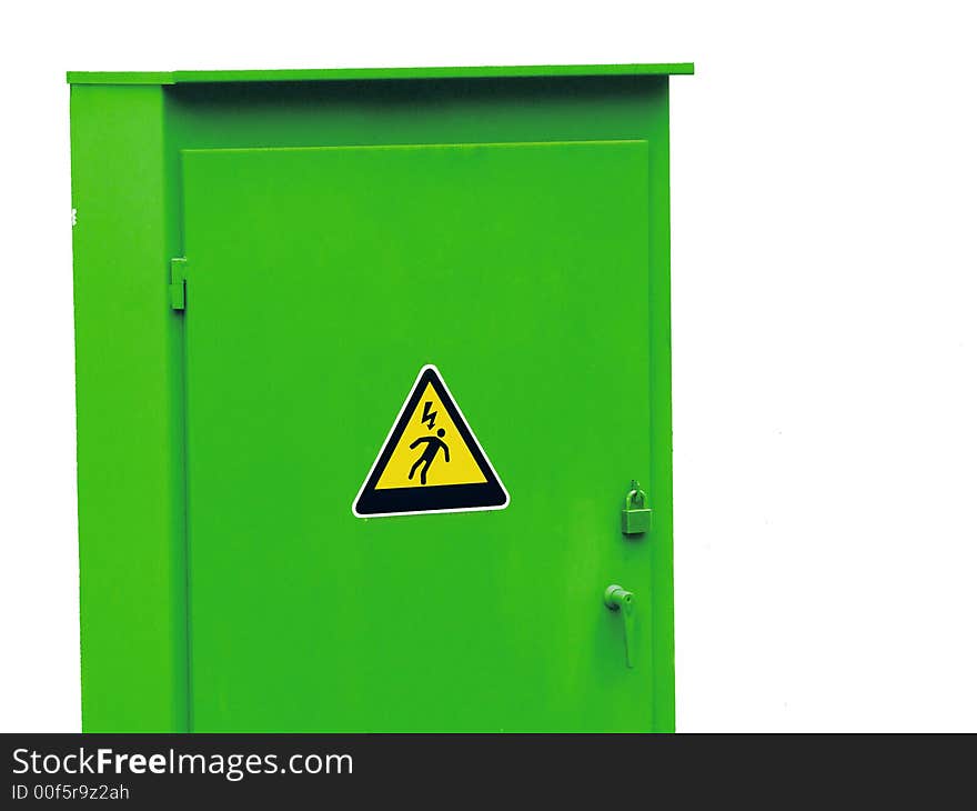 Caution to electric sign on green box. Caution to electric sign on green box