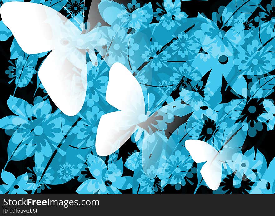 White butterfly on a blue floral background. White butterfly on a blue floral background