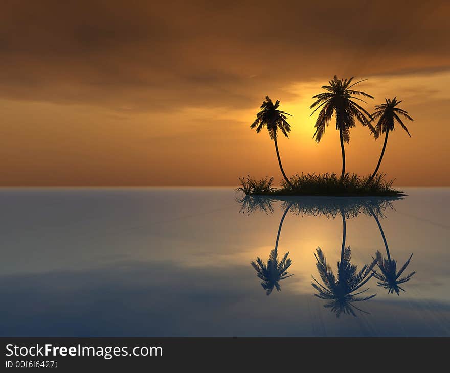 Sunset coconut palm trees on small island - 3d illustration.