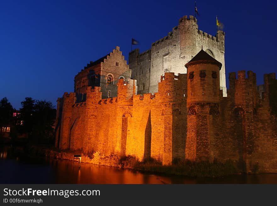 The Gravensteen castle in Ghent, Belgium at dusk