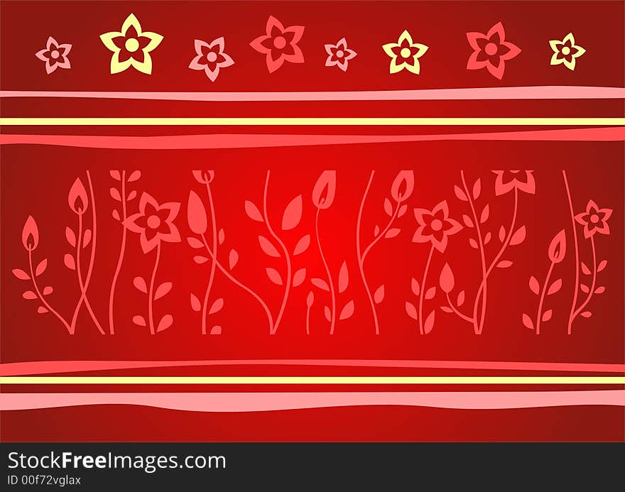 Red silhouettes of flowers on a red background with strips. Red silhouettes of flowers on a red background with strips.