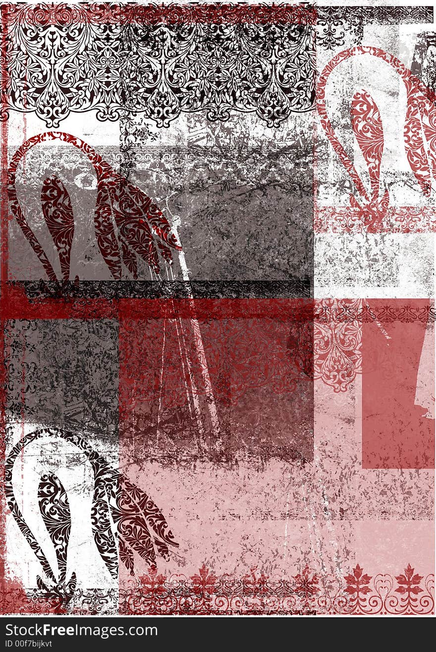 Grunge background with flowers,ornaments with tulips,red and grey squares