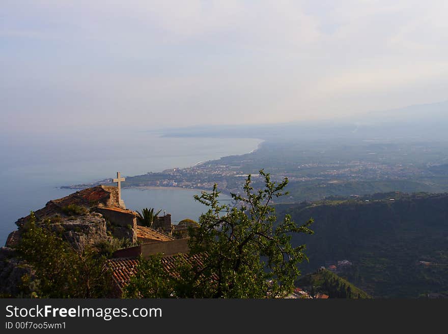 View on the taormina bay in sicily from the top of this village. View on the taormina bay in sicily from the top of this village