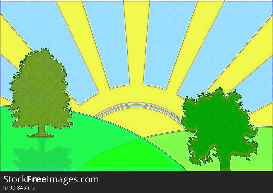 Illsutration of landscape with trees and sun rays. Illsutration of landscape with trees and sun rays