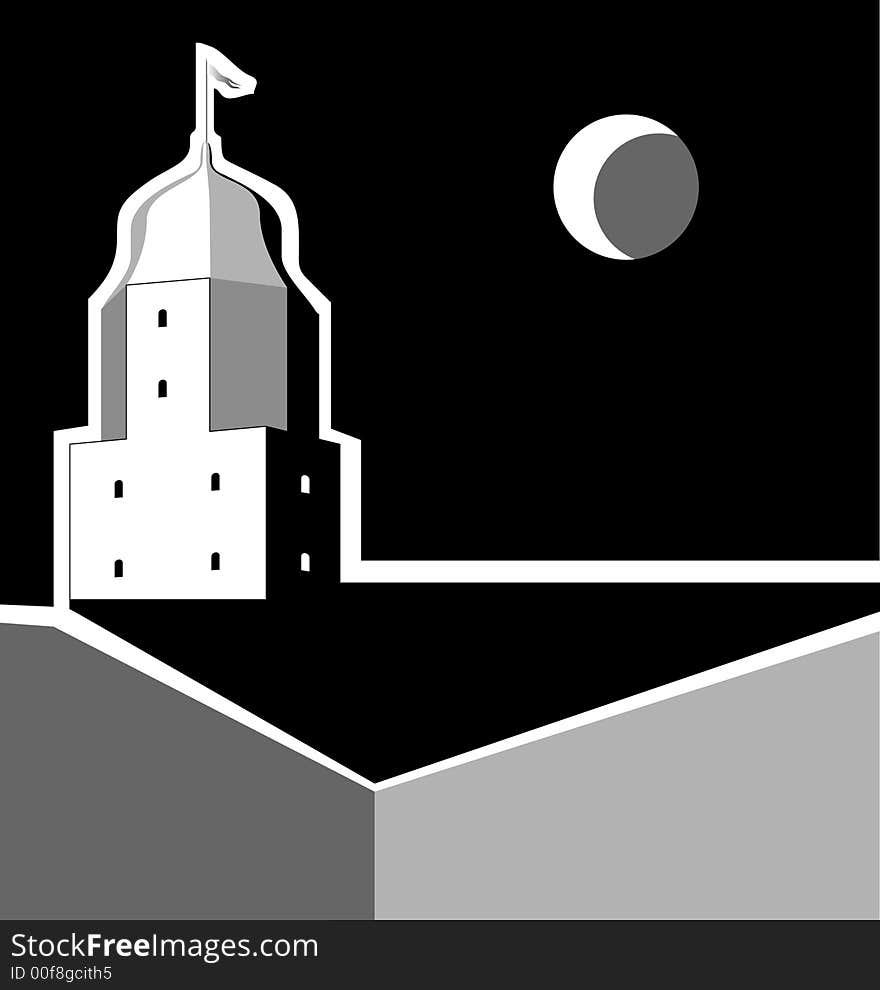 Abstract black&white image of a medieval tower under the moon. Abstract black&white image of a medieval tower under the moon