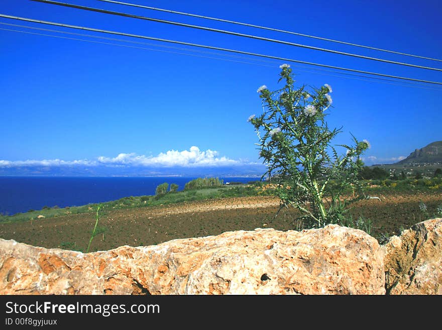 Summer background. Country. Blue Sea, Sky & Clouds. Mediterranean coast. Sicily. Summer background. Country. Blue Sea, Sky & Clouds. Mediterranean coast. Sicily