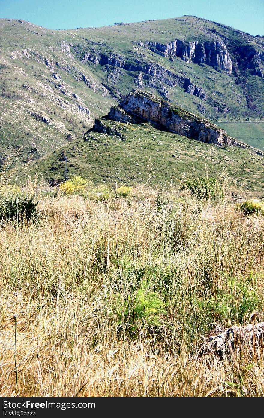 Golden sping-blooming wild fields and mount. Sicily. Golden sping-blooming wild fields and mount. Sicily