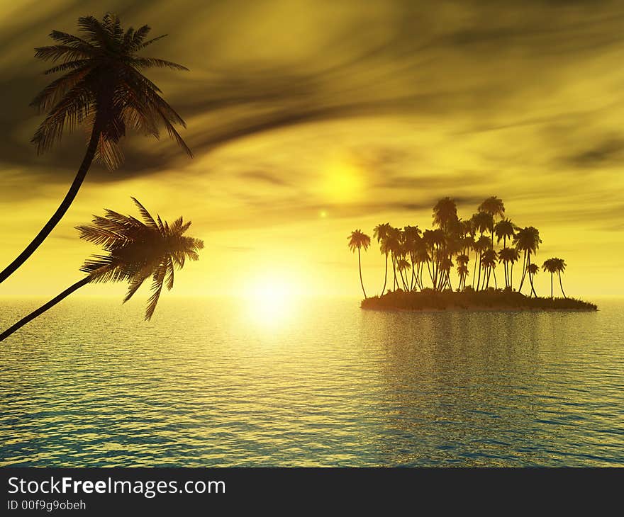 Sunset coconut palm trees on small island - 3d illustration.