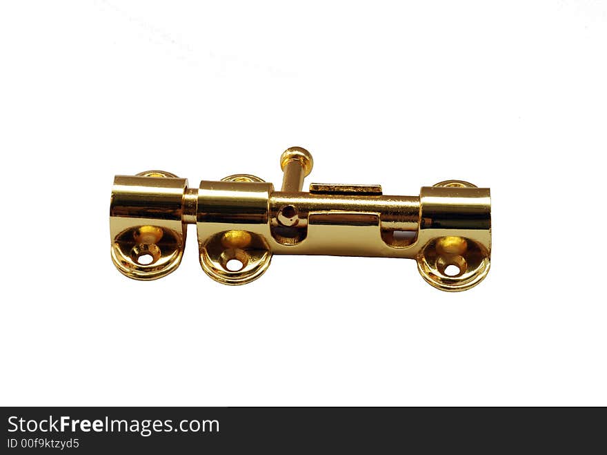 Golden-colored metallic latch on white background, closed. Golden-colored metallic latch on white background, closed.