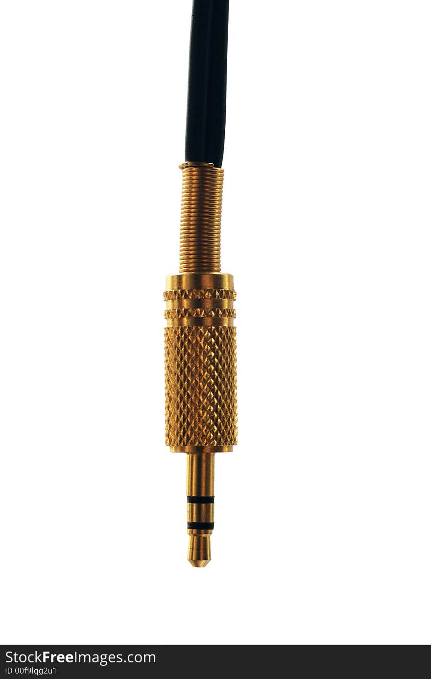 Gold plated audio jack 3.5mm with black cable on white background. Gold plated audio jack 3.5mm with black cable on white background