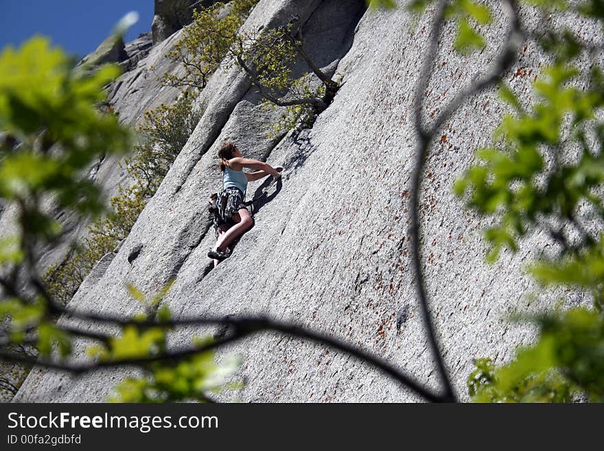 An attractive woman rock climbing a crack