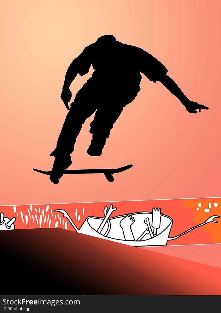 Silhouette of teen on skateboard against colored background. Silhouette of teen on skateboard against colored background