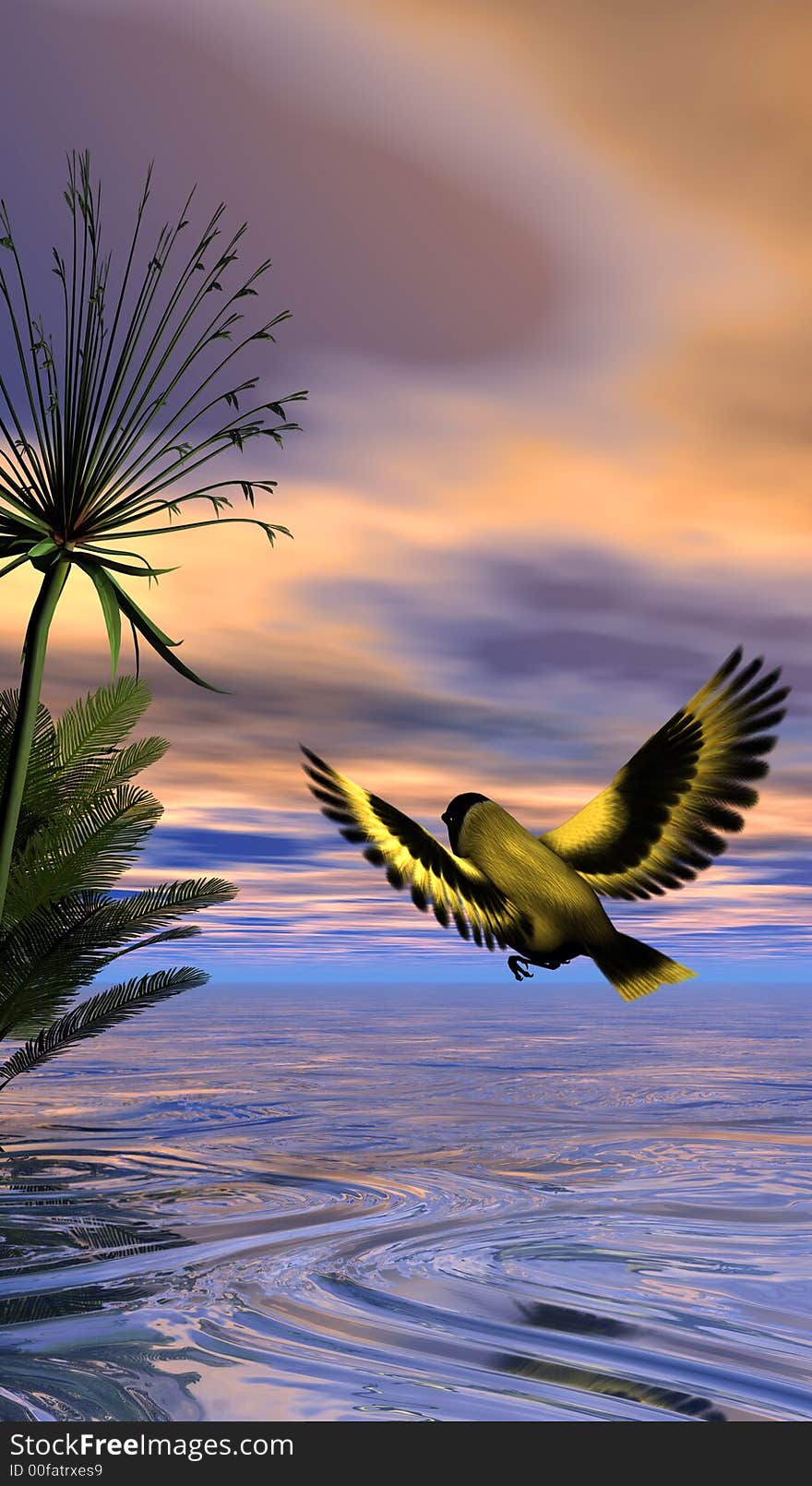 Beautiful tropical scene with a bird as the foreground