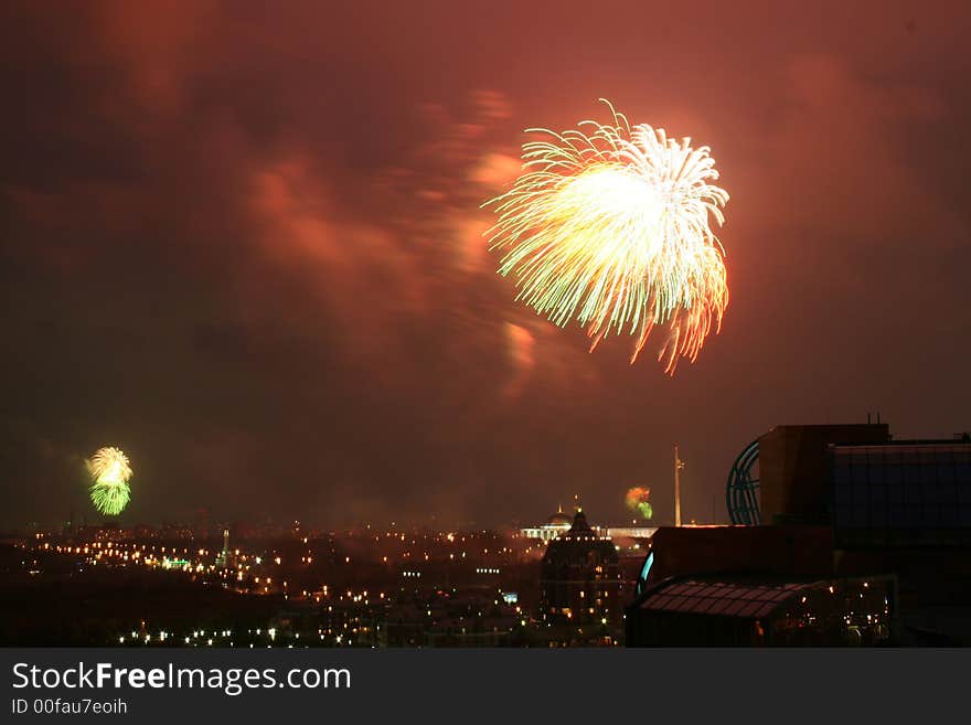 Fireworks in the night moscow sky, night city