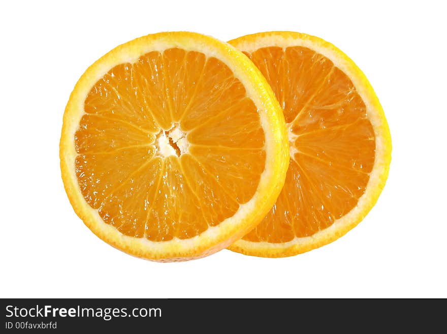 The inside of two juicy oranges