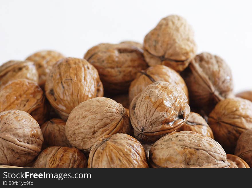 Wet walnuts placed one on other