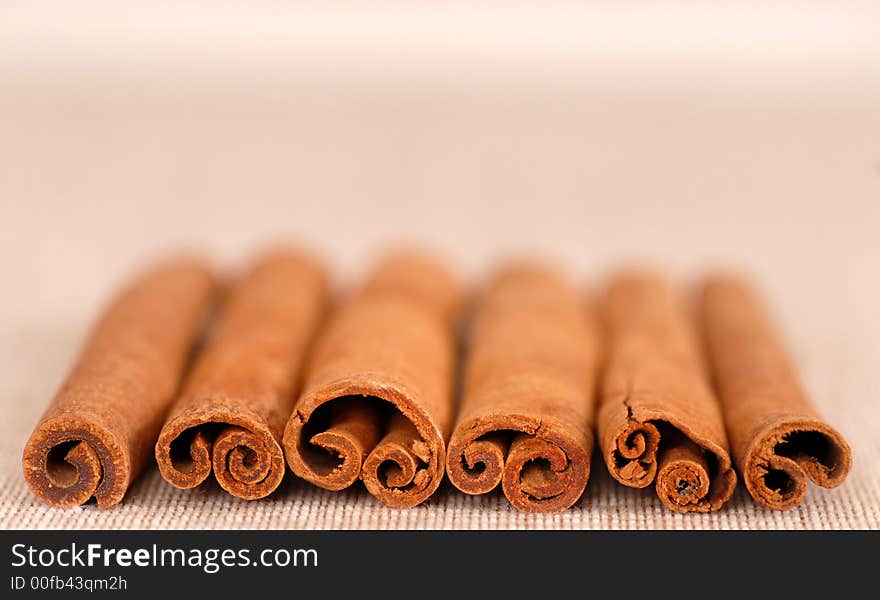 Several cinnamon sticks laying in a row with shallow depth of field