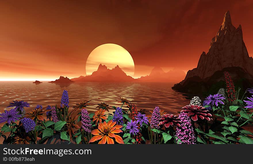 Beautiful tropical scene with flowers as the foreground