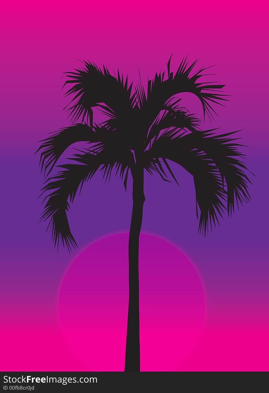 A bright, colorful sunset illustration with the silhouette of a tropical palm tree in the middle. A bright, colorful sunset illustration with the silhouette of a tropical palm tree in the middle.