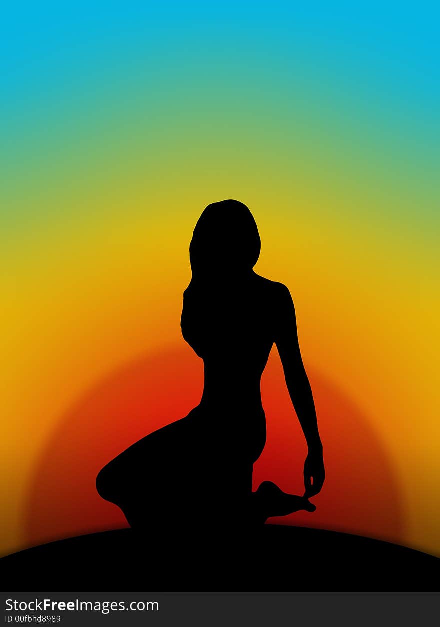 The abstract image, a silhouette of the woman sitting on the ground. The beautiful, bright, sated background. The abstract image, a silhouette of the woman sitting on the ground. The beautiful, bright, sated background.