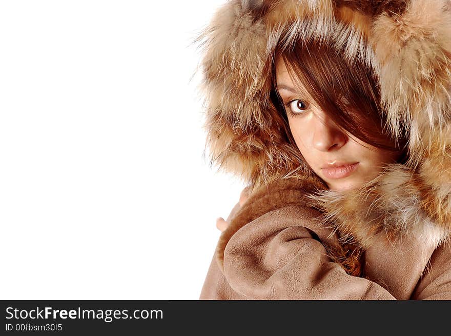 Attractive girl in fur on white background. Attractive girl in fur on white background