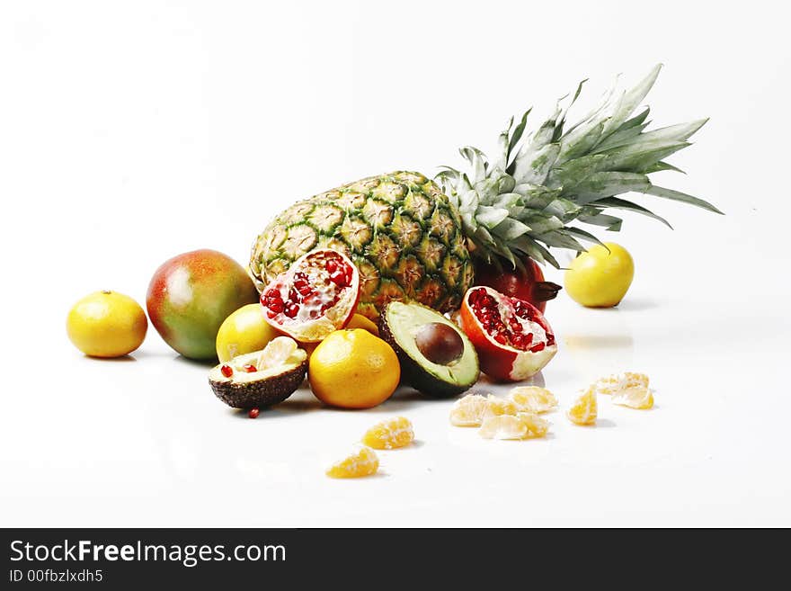 Different fruits on a white background