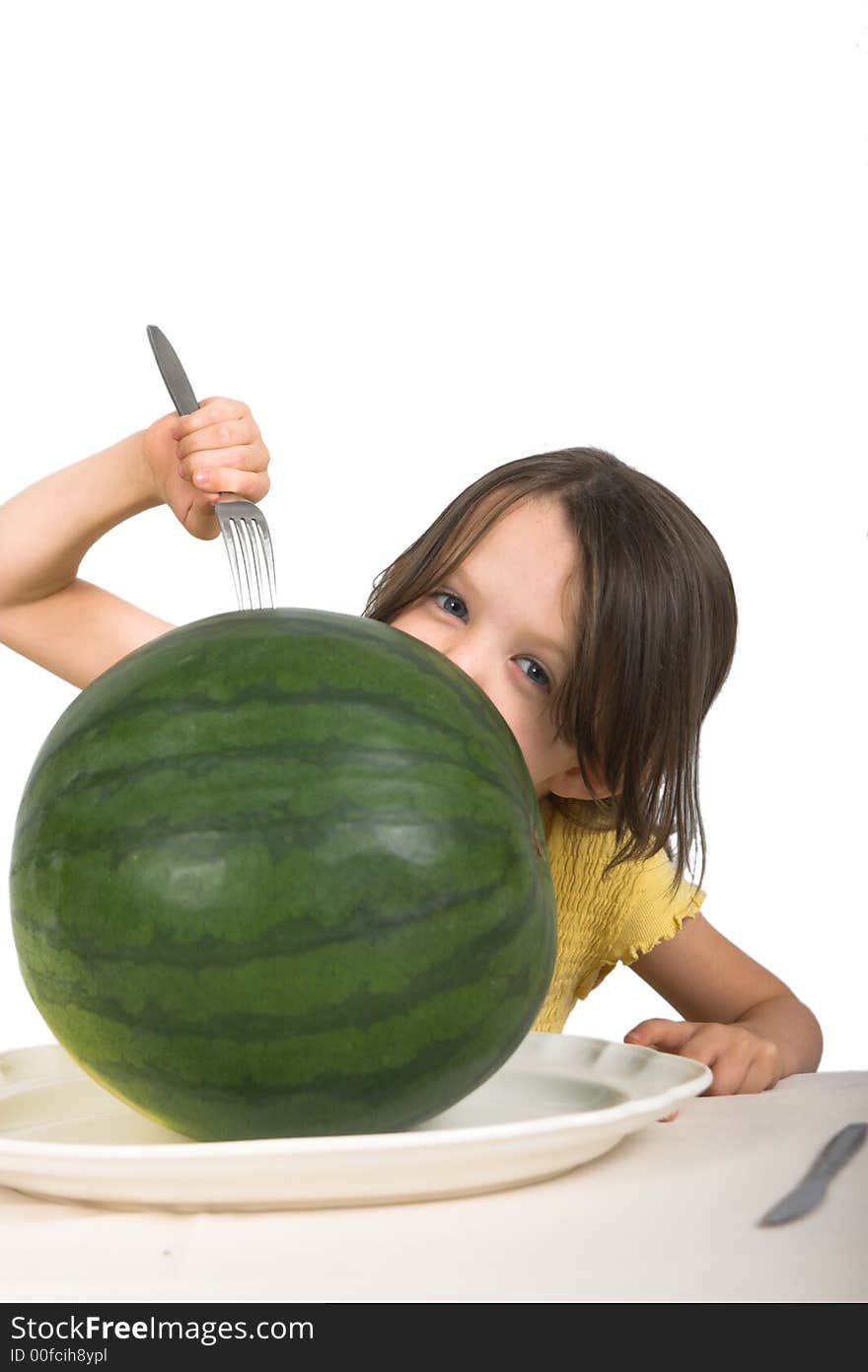 Expressive little girl ready to eat an entire watermelon, isolated over white. Expressive little girl ready to eat an entire watermelon, isolated over white