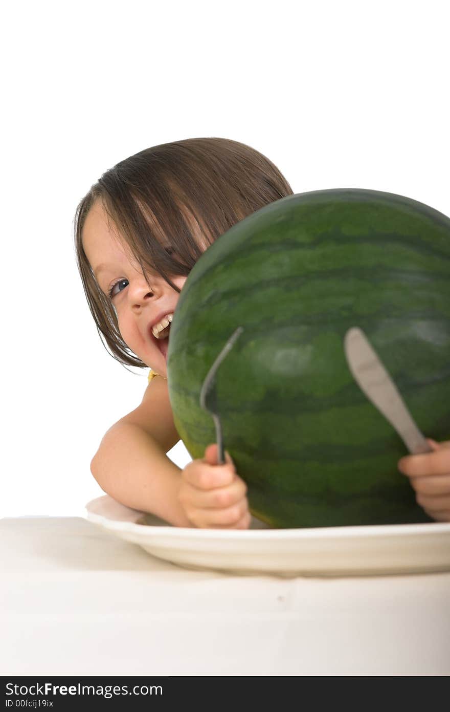 Expressive little girl ready to eat an entire watermelon, isolated over white. Expressive little girl ready to eat an entire watermelon, isolated over white