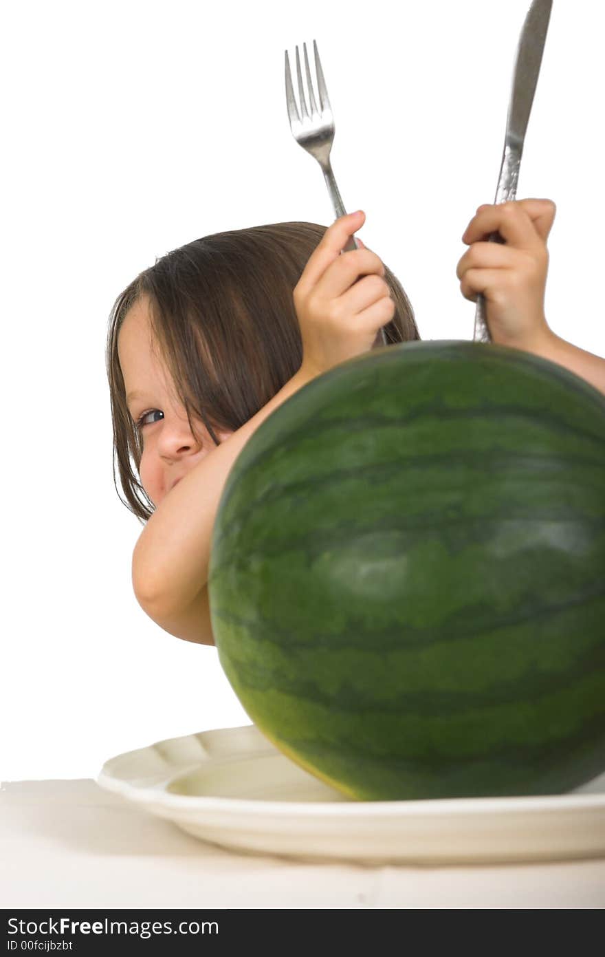 Expressive little girl ready to eat an entire watermelon, isolated over white. Expressive little girl ready to eat an entire watermelon, isolated over white