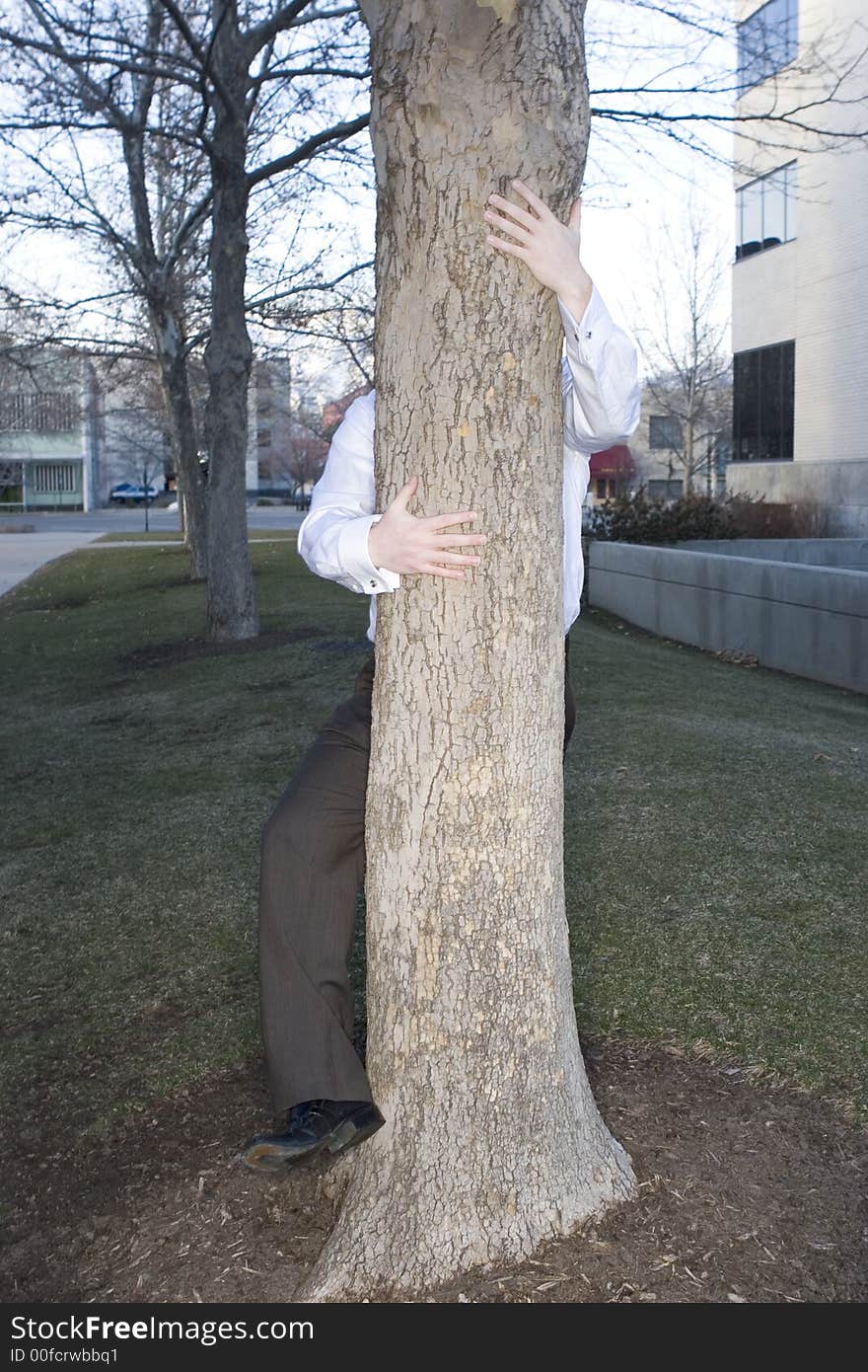 Businessman hugging tree