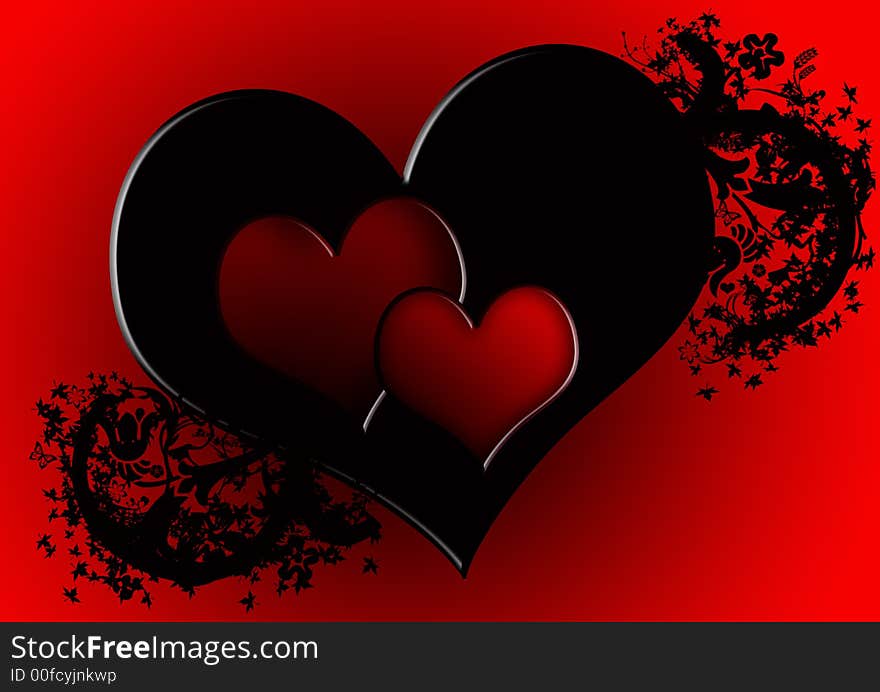 Lovely hearts on a red background with branches