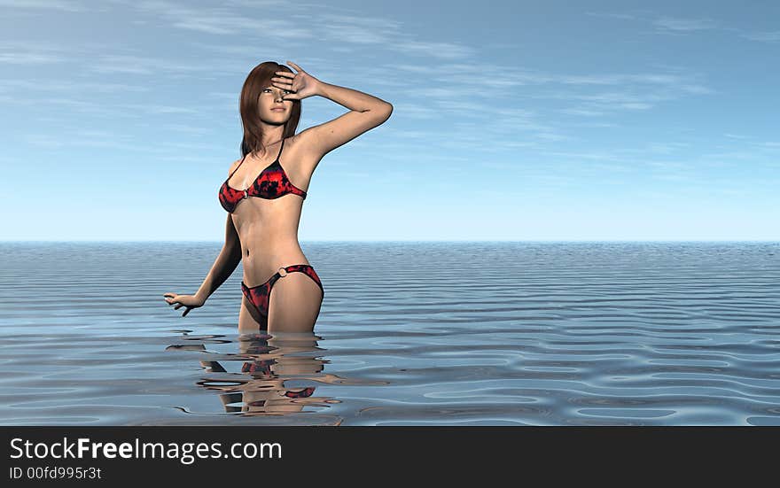 A anime woman in water looking up. A anime woman in water looking up